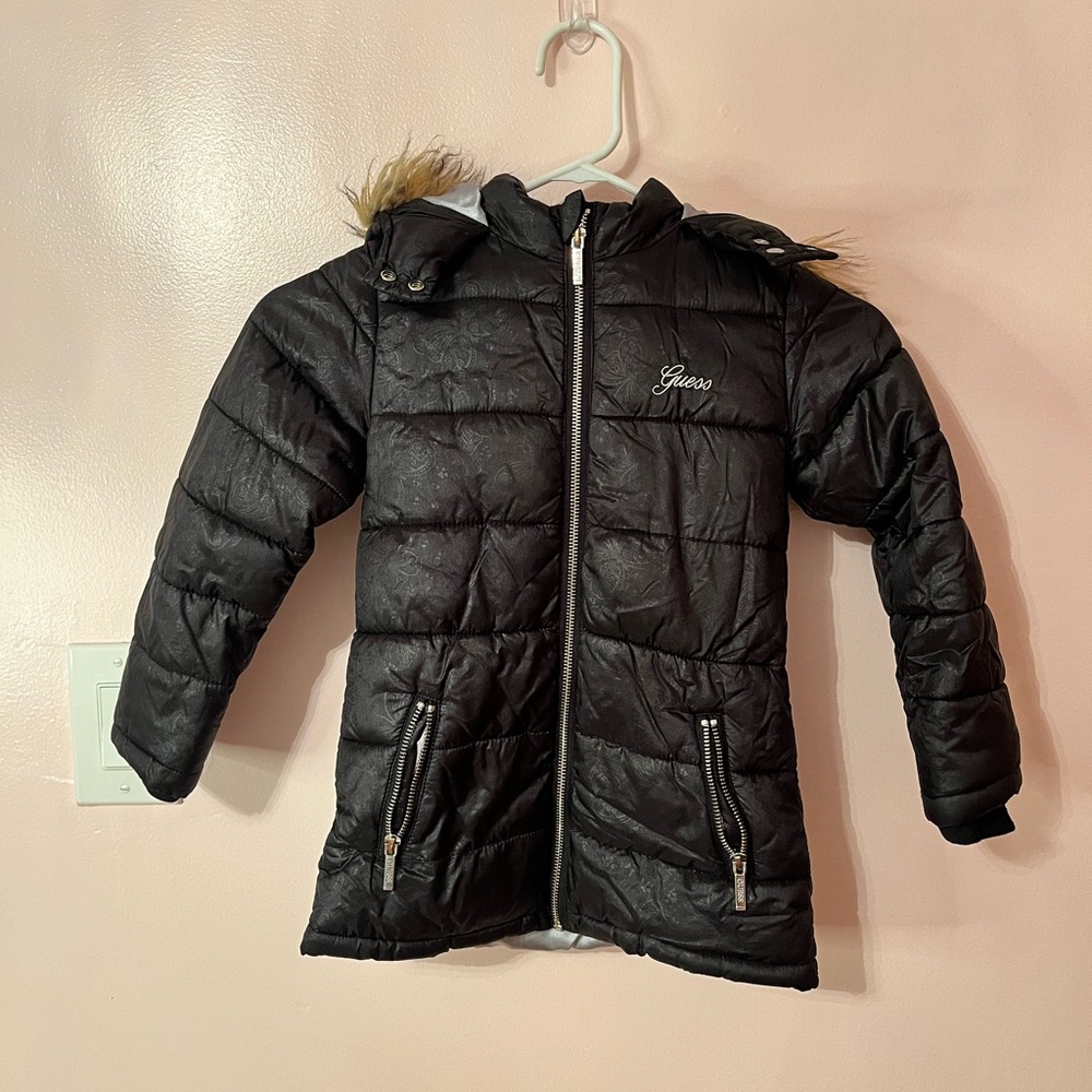 GUESS Black Quilted Girls' Puffer Jacket with Hood and Fur Trim